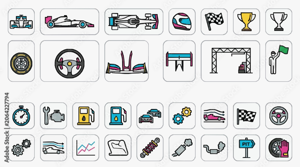 Naklejka premium Minimalist Racing and Automotive Mechanics Icon Collection for Designers and Developers with high professional line art symbols for modern creative design and digital branding projects