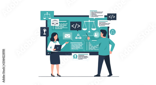 Legal Technology and Digital Justice Concept Illustration with Professionals Analyzing Software and Compliance Data on a Large Screen