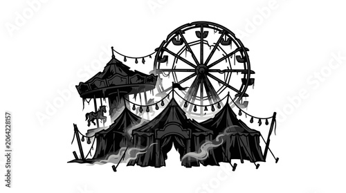 Creepy Carnival Scene with Ferris Wheel and Tents.