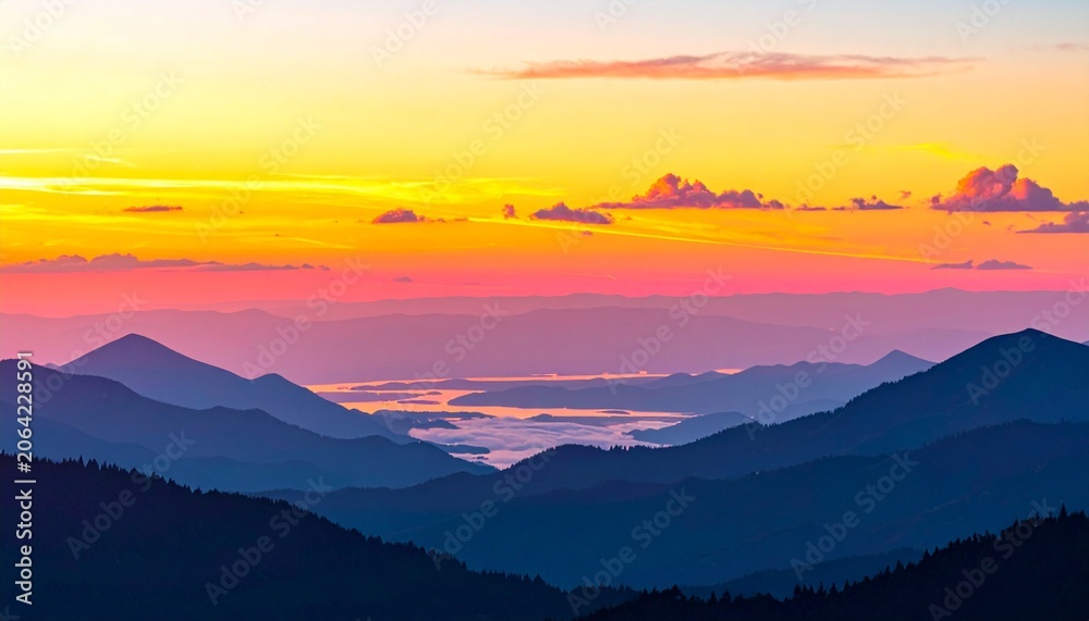 Fototapeta premium sunset, mountains, hills, peaks, ridge, landscape, nature, sky, clouds, horizon, dusk, twilight, glow, light, warm, golden, orange, pink, blue, gradient, calm, peaceful, scenic, cartoon, illustration