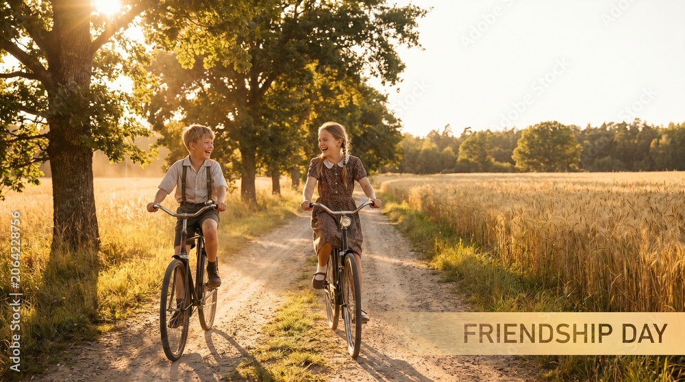 Fototapeta premium Two children riding bicycles on a dirt road in a field on friendship day