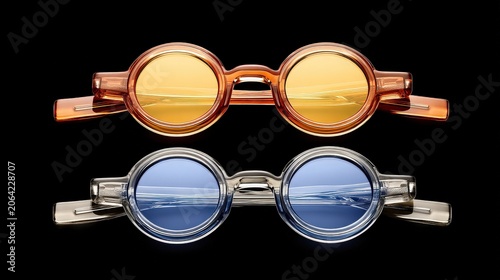 Stylish Round Sunglasses in Orange and Blue Colors on Black Background