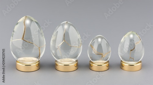 Elegant Glass Eggs with Gold Bases and Unique Crack Patterns