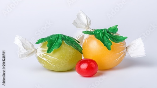 Colorful Fruit-Shaped Candies with Leaf Decorations on White Background
