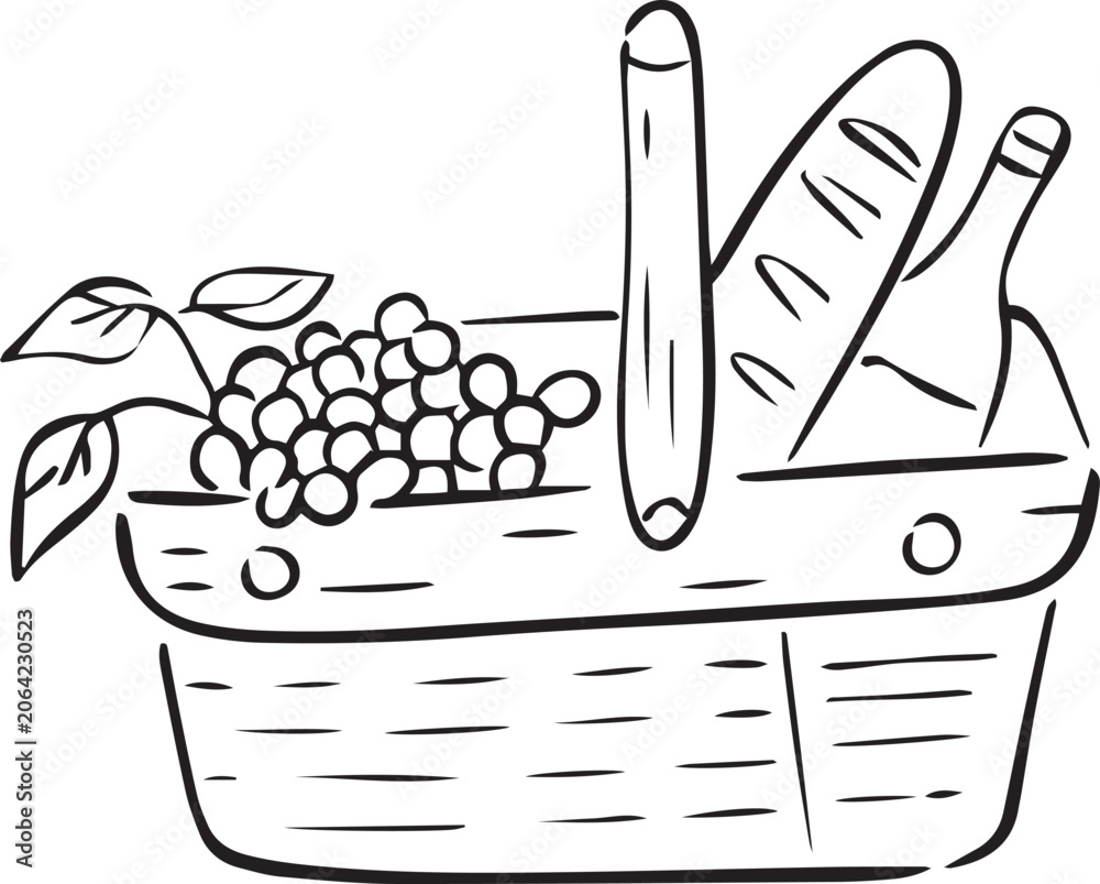 Fototapeta premium Hand Drawn Grocery Basket with Bread and Grapes Line Art Illustration