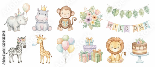 Photography Watercolor Safari Wild One Birthday Clipart Collection