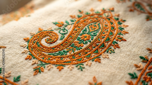 Macro detail of traditional Kashmiri pashmina shawl with intricate hand-embroidered paisley pattern, luxury craft