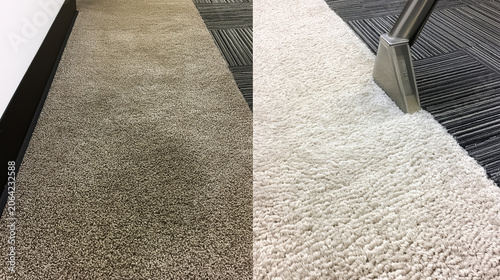 An effective split-screen image captures the remarkable transformation of a dirty, dull office carpet into a pristine, light-colored, and thoroughly cleaned surface with a machine.