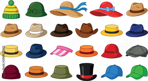 Canvastavla Headwear and Hat Vector Icon Set with Fedora, Cowboy Hat, Beanie, Baseball Cap,