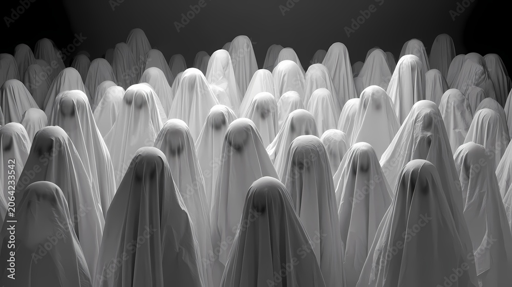 Obraz premium Row of White Bedsheet Ghosts Silhouettes in Dark Minimalist Monochrome Composition