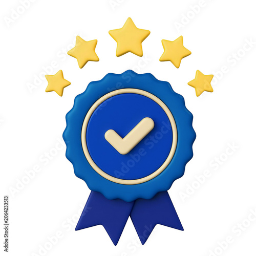 premium blue gold award badge with five stars and checkmark ribbon symbol representing excellence certification achievement quality approval recognition isolated transparent background design