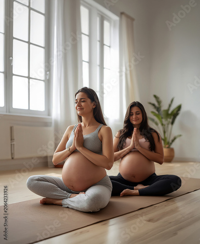 Pregnant Women Practicing Prenatal Yoga Indoors