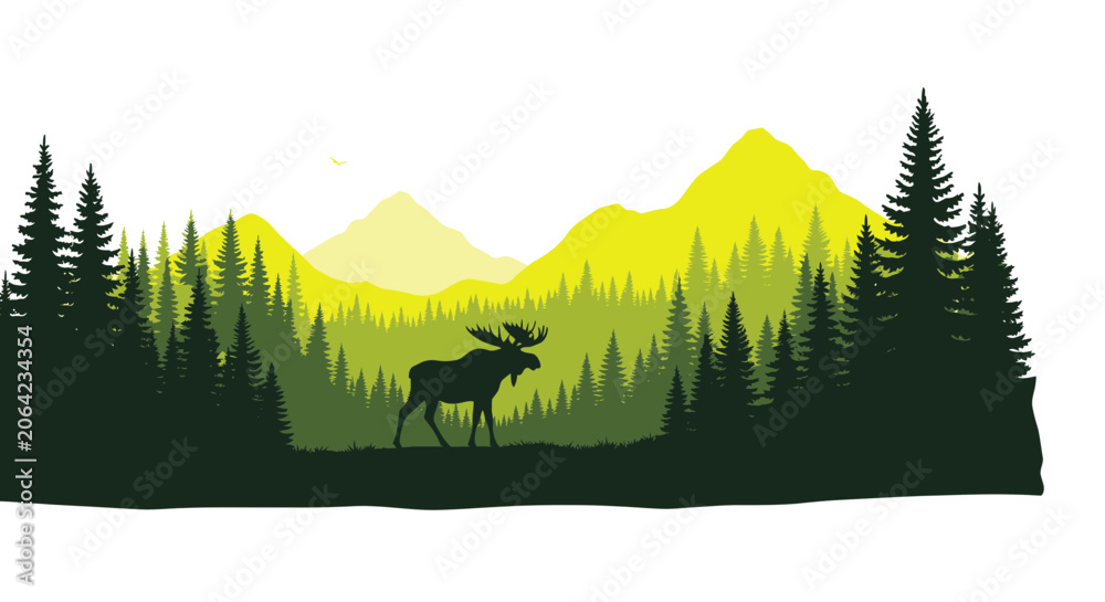 Obraz premium Moose silhouette in a scenic pine forest and mountain range