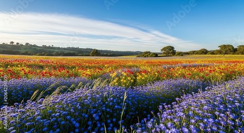 Vibrant Wildflower Meadow in Bloom Under Blue Sky