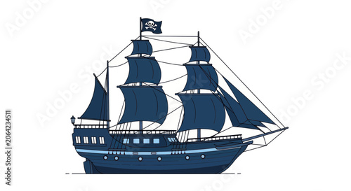 Obraz na plátne Navy blue galleon pirate ship with skull and crossbones flag
