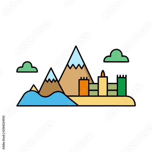 Colorful Cartoon House by River with Mountains and Trees in Flat Design
