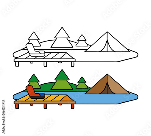 Camping adventure by lake with tents and mountains in flat vector illustration