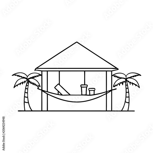 Minimalist house interior outline with furniture and palm trees illustration