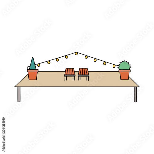 Decorated wooden table setting with hanging floral garland and potted plants in minimalist style