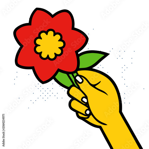 Hand Holding Vibrant Red Flower Illustration on White Background Minimalist Style