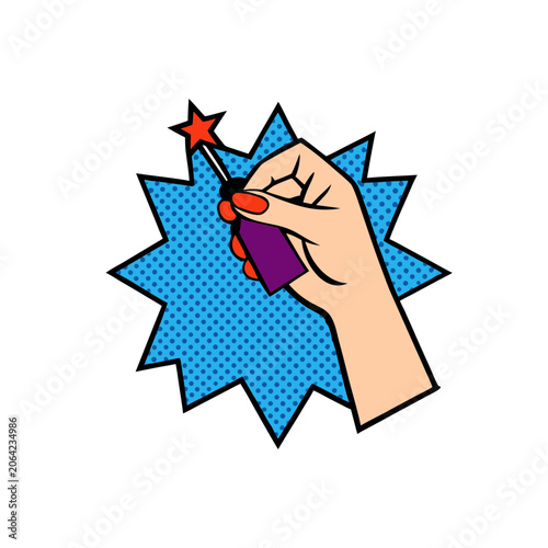 Hand Holding Red Marker Drawing Star Shape on Blue Background Illustration
