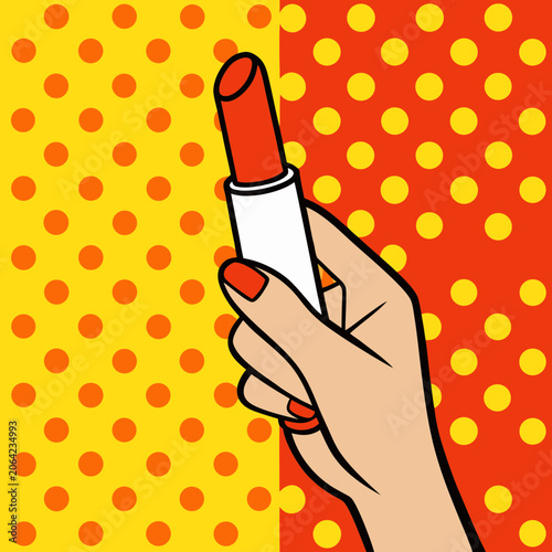 Hand Holding Red Lipstick on Vibrant Polka Dot Yellow Background Illustration