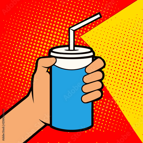 Hand Holding Blue Cup with Straw on Bright Gradient Background Illustration