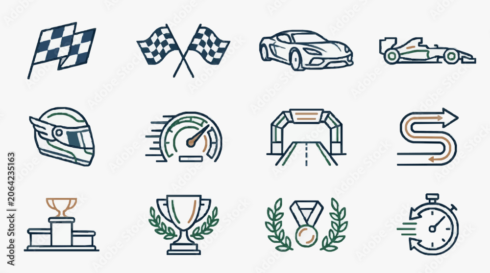 Naklejka premium Sleek Racing Icons Collection Modern Illustrations for Motorsport Enthusiasts and Competitive Sports Designs