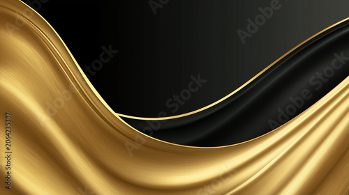 A luxurious abstract background features flowing golden silk fabric elegantly draped alongside smooth dark black waves with subtle golden accents
