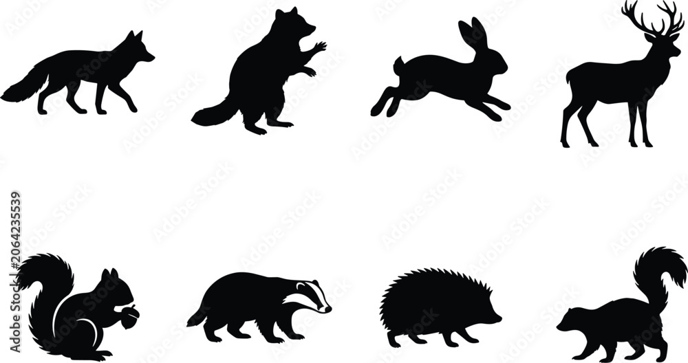 Obraz premium Vector silhouettes of woodland animals including fox, raccoon, rabbit, deer, squirrel, badger, hedgehog, and skunk designs