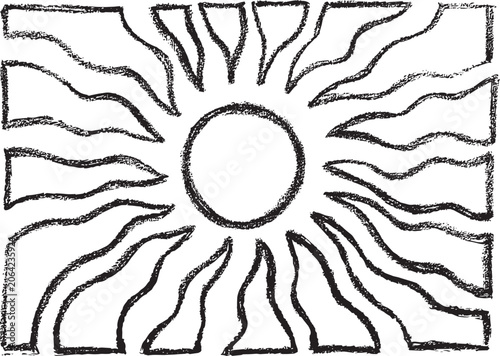 Summer sun shape background. Hand drawn with grunge chalk pencil texture illustration for design template freehand child sunlight element, sunny weather on the a4 posters format. 