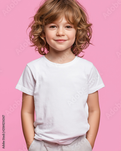 A young boy with curly brown hair smiles while wearing a plain white t-shirt and grey shorts, standing with hands in pockets against a pink backdrop.