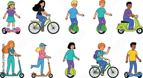 Canvas Print Eco Friendly Personal Transport Vector Character Set with People Riding Electric