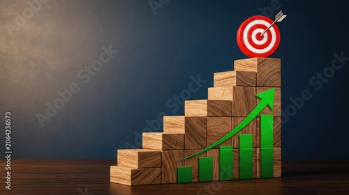 A green arrow ascends a staircase of wooden blocks towards a red target with a dart, symbolizing business growth and success.