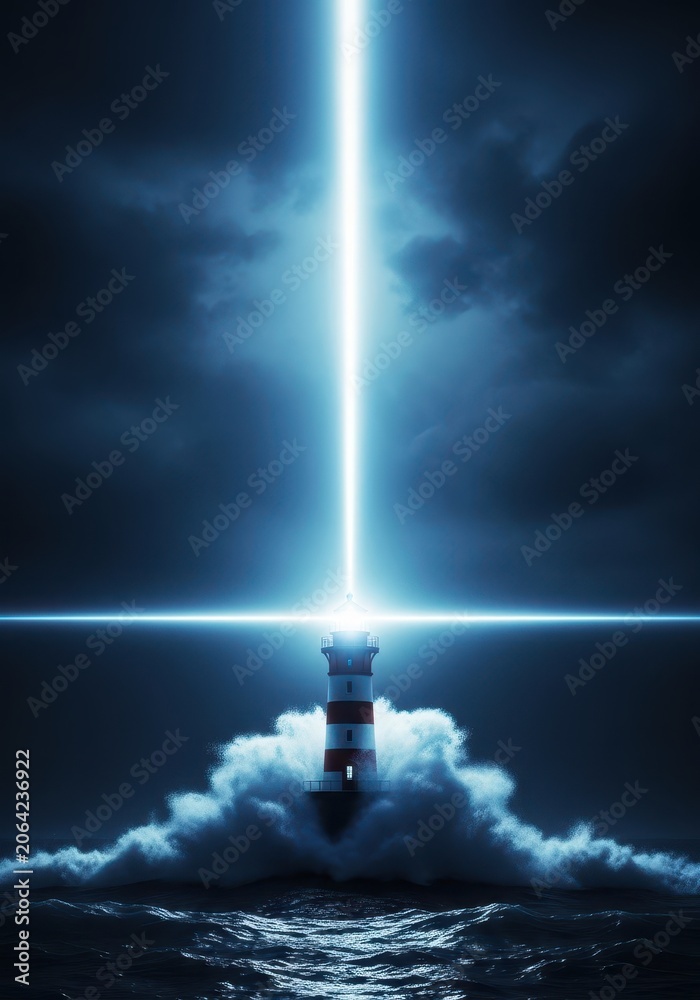 Naklejka premium Powerful lighthouse beam cutting through the gloom of a stormy sea, representing unwavering hope, safety, guidance, and a bright future, storm, illuminated, resilient