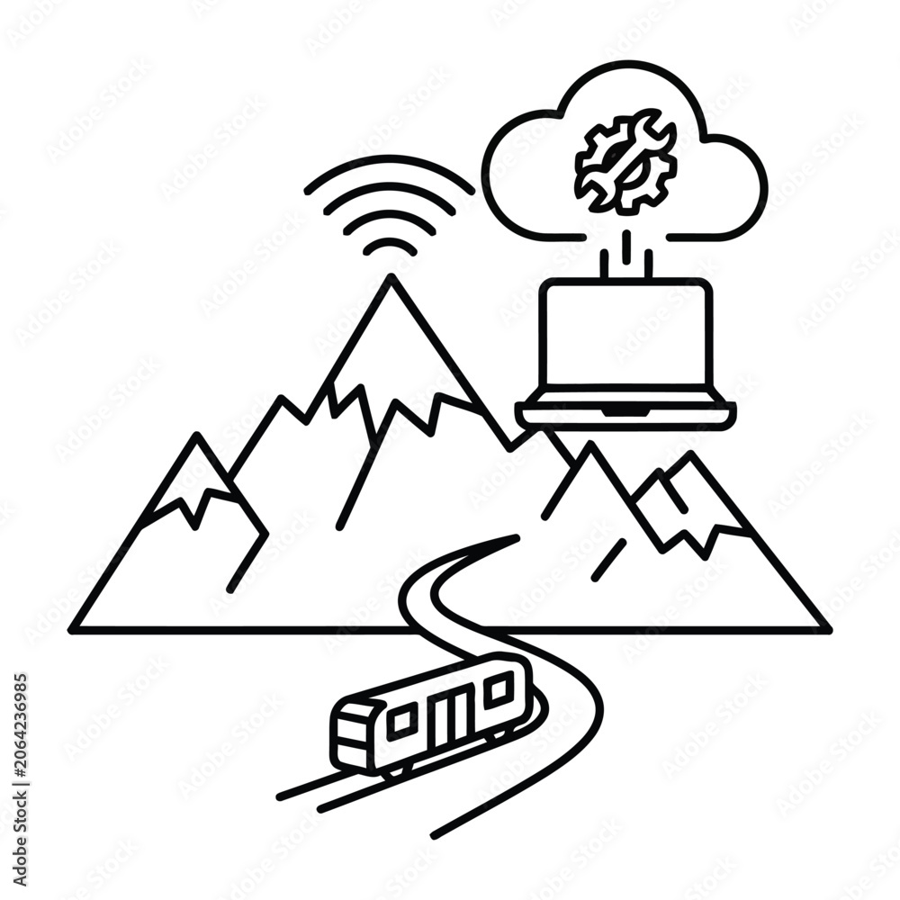 Naklejka premium Mountain train and cloud computing concept illustration