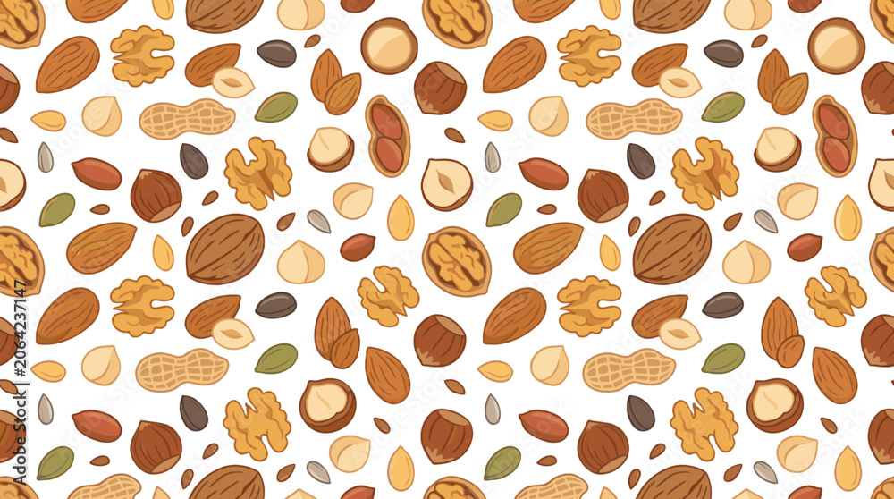 Fototapeta premium Seamless vector pattern with assorted nuts and seeds