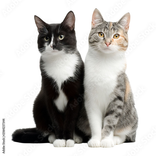 PNG of Two cats, one black and white and one gray tabby, sitting together