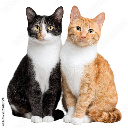 PNG of Two adorable cats, one black and white and the other orange, sitting together.