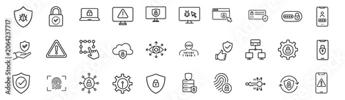 Schilderij op canvas Cyber security system protection data guard web line icons set laptop antivirus