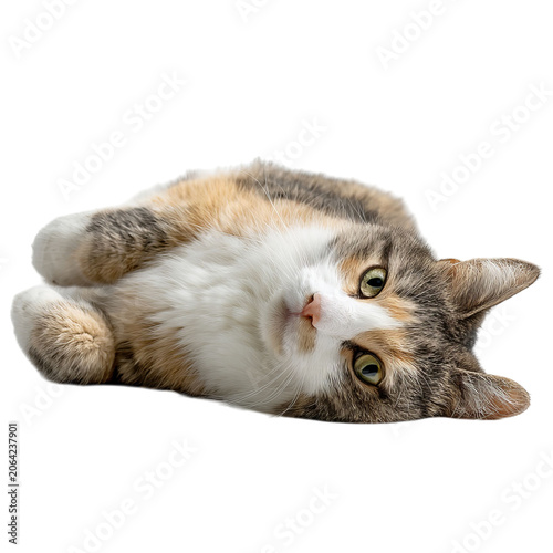 PNG of A playful calico cat lounging comfortably, showcasing its beautiful fur and bright eyes.