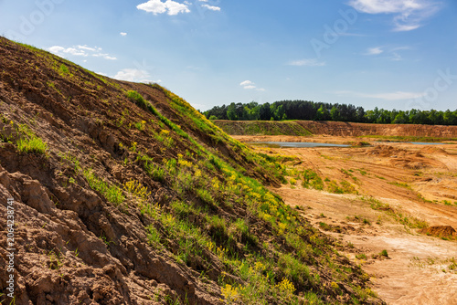 Steep slopes of an abandoned sandy quarry overgrown with wild green grass and yellow wildflowers under a bright blue summer sky with light clouds in a reclaimed landscape