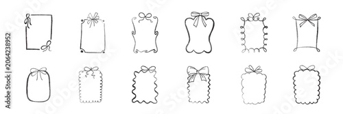 Hand draw frames with bow and ribbon set, crayon or chalk grunge texture. Vector stock illustration isolated on white background for design template wedding, birthday or Christmas invitation.