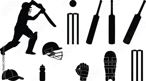 Фотография Cricket sports equipment silhouette set with batsman batsman helmet bat ball wicket and pads on white background