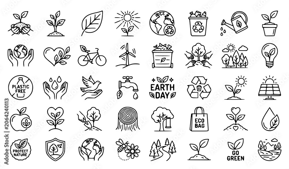 Obraz premium Eco Earth Day Icon Set Children Hands Holding Plant Vector Collection