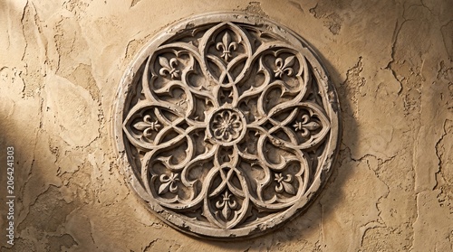 Aged Venetian Plaster Wall with Single Centered Gothic Medallion Ornament — Worn Distressed Fresco Texture, 8K