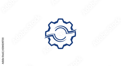 Blue outline gear icon with dynamic swoosh elements.