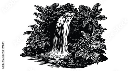Waterfall vector illustration surrounded by lush tropical jungle