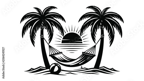 Hammock vector silhouette relaxation scene with sunset