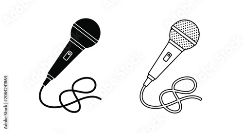 Handheld microphone icons set with messy tangled cords in solid black silhouette and outline designs.